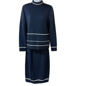 St John SJK Knit 2 Pc Skirt Suit Navy Cream Stripe Gold Button Sz 8 READ